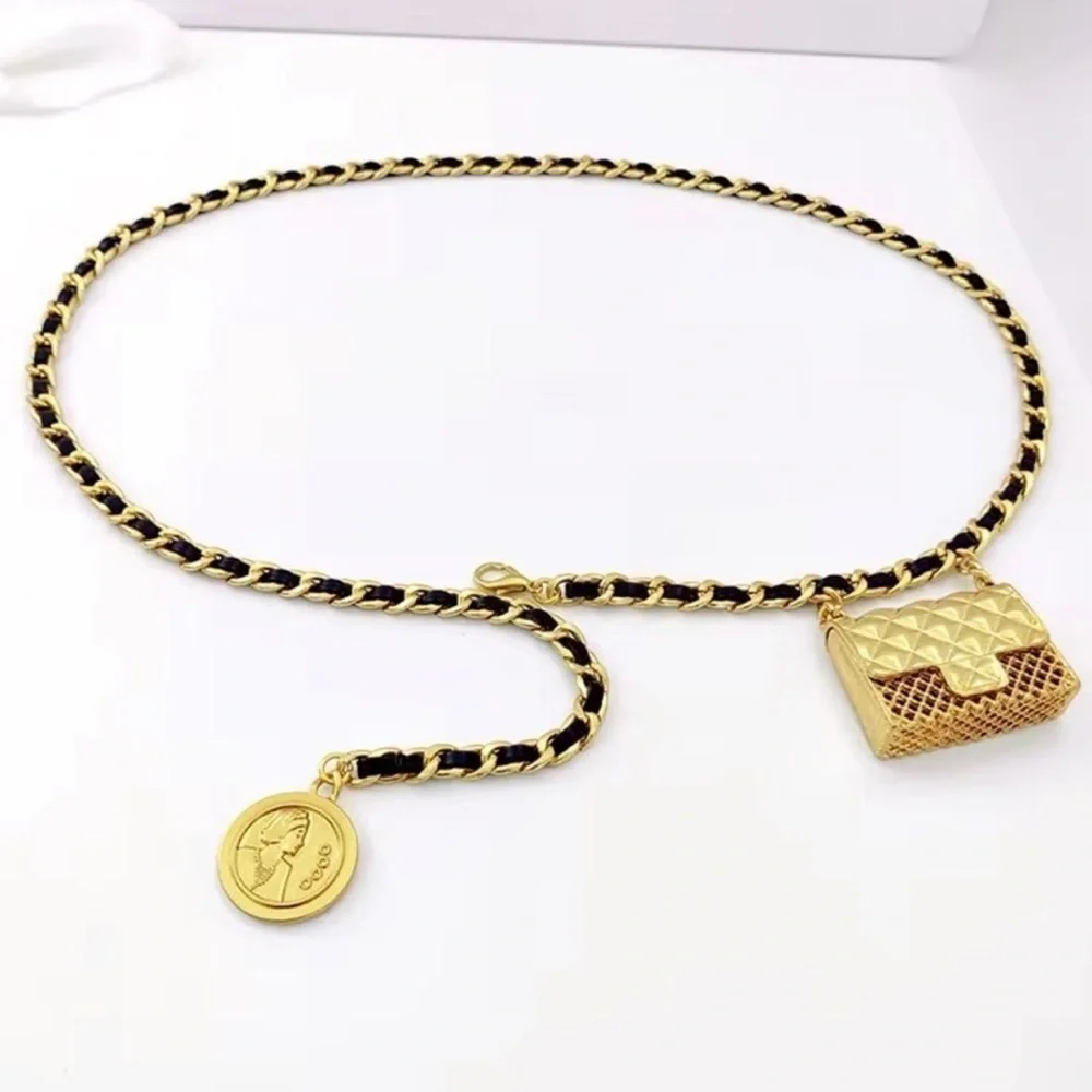 Black Gold Chain Belt With Designer Mini Charm Bag